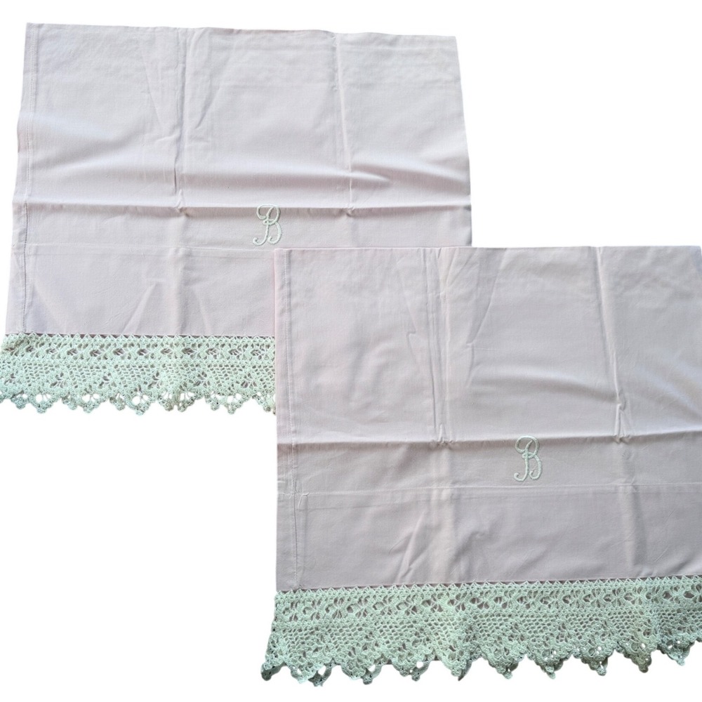 Vintage Pillowcases Standard Pink Monogram B Lace Trim Pair